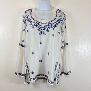 Escapada Ivory Boho Blouse with Blue Embroidery Side Slits Wide Bell Sleeve SzL
